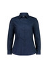 A long sleeve shirt in navy blue featuring a fitted design and a button-up front. It has a collar and a logo.