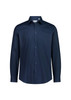 A navy blue slim fit long sleeve shirt with a button-up front and a collar, featuring a logo.