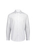 A slim fit long sleeve shirt in white with a button-up front and a collar. Features a logo on the label.