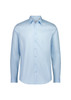 A light blue men's slim fit long sleeve shirt featuring a button-up design and a collar. It has a logo on it.