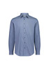 A slim fit long sleeve shirt in a blue and white striped pattern, featuring a collar and button-down front.
