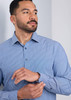 A classic fit long sleeve shirt in blue and white stripes, featuring button cuffs and a logo on the sleeve.