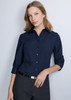 A navy blue women's 3/4 sleeve shirt, featuring a collared neckline and button front, worn by a model.