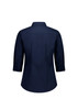 A navy blue women's 3/4 sleeve shirt with a collared neckline and buttoned sleeves. It features a logo on the back.