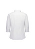 A white women's 3/4 sleeve shirt with a collared neckline and a back yoke, featuring a logo.
