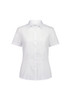 A short sleeve women's shirt in white, featuring a button-up front and a fitted design. It has a logo on the label.