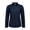 A women's long sleeve shirt in navy blue, featuring a collared neck and button-down front. It has a logo.