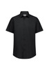 A black short sleeve shirt with a classic fit and button-down front. It features a collar and has a logo.