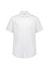 A white short sleeve shirt with a classic fit and a collar, featuring a logo on the label.