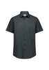 A classic fit short sleeve shirt in dark grey with a button-up front and a collar. It features a logo.