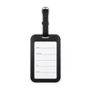 A sleek black luggage tag tracker with a transparent window for personal information and a sturdy attachment strap.