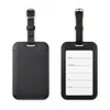 A black luggage tag with a strap, featuring a front and back view and a branding logo. The back has a blank information section.