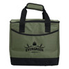 A green cooler bag with black handles and a logo on the front, designed to hold 36 cans.