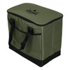 A green cooler bag with a black base and handles, featuring a logo on the top.