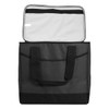 A black cooler bag with double handles and a light-coloured, insulated interior. It has a zippered top.