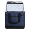 A navy blue cooler with a spacious interior and black straps, featuring an open lid. It has branding on the exterior.