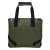 A green cooler bag with black straps and a zip closure, featuring a logo on the front.