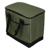 A drink cooler in dark green with black accents, featuring handles for easy carrying. It has a zippered top and a branding logo.