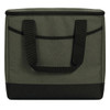 A 36-can cooler in a dark green and black design, featuring sturdy handles and a zip closure.