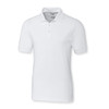 A white men's polo shirt with a collared neck and short sleeves, featuring a logo on the chest.