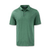 A green polo shirt with a collar, featuring three buttons and short sleeves. It has a logo on it.