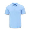 A light blue men's polo shirt with a classic collar and three-button placket, featuring a logo on the left side.
