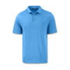 A blue polo shirt with a collar and three buttons, featuring a logo on the chest.