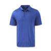 A blue polo shirt with a three-button placket and a collar. The garment features a branding logo.