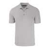 A light grey polo shirt with a collar and three buttons, featuring a logo on the side.