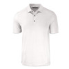 A white men's polo shirt with a collar and three buttons, featuring short sleeves and a subtle logo.