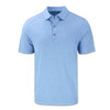 A blue men's polo shirt with a collared neckline and three buttons, featuring a subtle texture and branding.