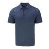 A navy blue polo shirt with a three-button placket and short sleeves. It features a logo on the chest.