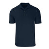 A navy blue men's polo shirt with a collar and three-button placket, featuring a logo on the chest.