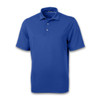 A blue polo shirt with a collar and three buttons, featuring a logo on the chest.