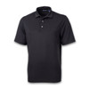 A black short-sleeve polo shirt featuring a collar, buttons, and a logo on the chest area.