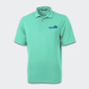 A mint green polo shirt featuring a logo on the front and a classic collar design.