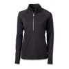 A black half-zip pullover with long sleeves, featuring a zippered collar and a logo on the side.