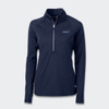 A navy half-zip women's jacket with long sleeves, featuring a small logo on the chest.