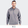 A man wearing a grey Cutter & Buck Roam men's half zip jacket, featuring a collar and a logo on the chest.