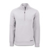 A light grey half-zip jacket with a collar, featuring a logo on the hem and a simple design.