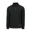A black Cutter & Buck Roam men's half zip jacket with long sleeves and a zipper neck. Features a logo on the bottom.