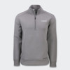 A grey men's half zip jacket with long sleeves and a branding logo on the chest.