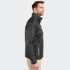 A men's jacket in black with a sleek design, featuring a high collar and zippered pockets. It has a logo on the chest.