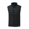 A black men's hybrid vest with a zip front and sleeveless design, featuring a logo on the lower section.