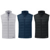 A hybrid vest collection featuring three colours: grey, navy, and black, with a zip-up front and no sleeves.