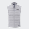 A light grey hybrid vest with a zip closure and logo on the chest, featuring quilted panels.