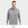 A grey half-zip men's pullover featuring long sleeves and a collar, with a branding logo on the chest.