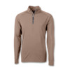 A men's half zip pullover in a light brown shade, featuring long sleeves and a zippered collar. It has a logo.