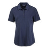A navy women's polo with a collared neckline, short sleeves, and a button placket, featuring a logo.