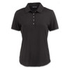 A black women's polo shirt with a collar and short sleeves, featuring a button placket and a logo.